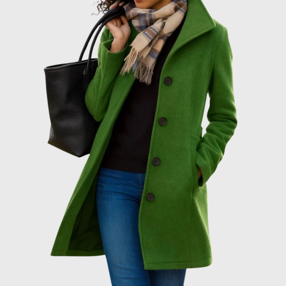 Chic women's button-front longline coat in a classic style, perfect for elegant fall and winter outerwear.