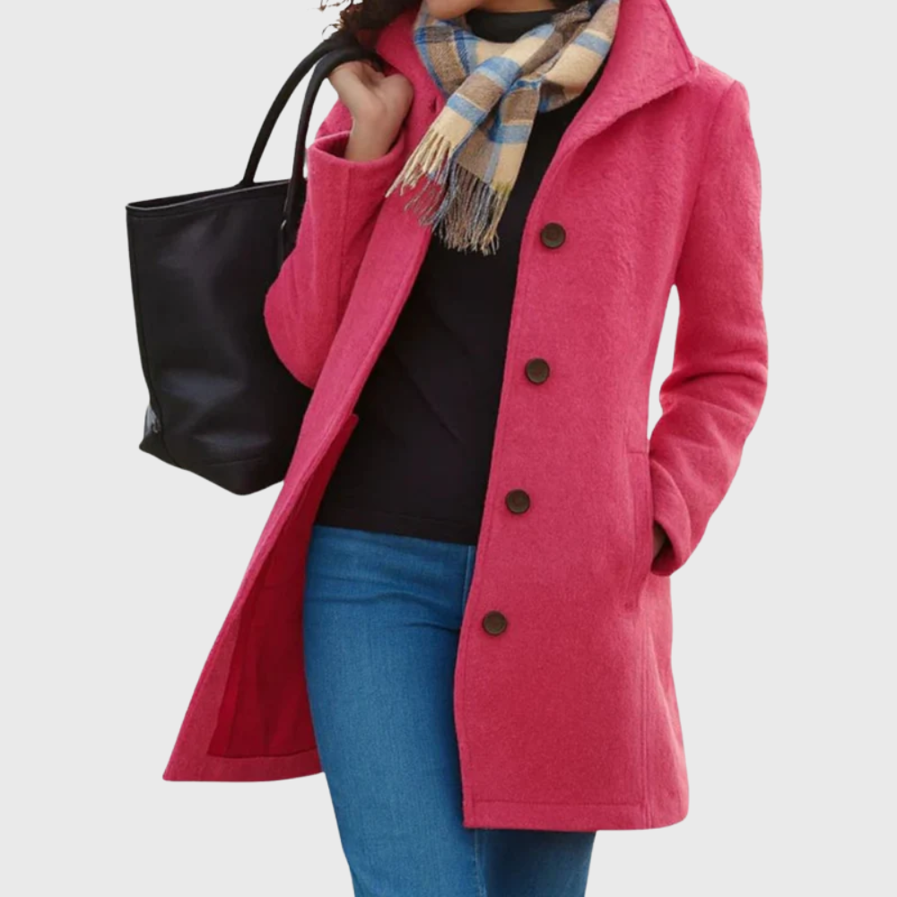 Stylish women's longline coat with elegant button-front, essential for a chic fall & winter wardrobe.