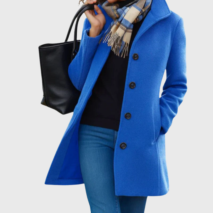 Elegant women's longline button-front outerwear coat, a classic and sophisticated piece for fall & winter.
