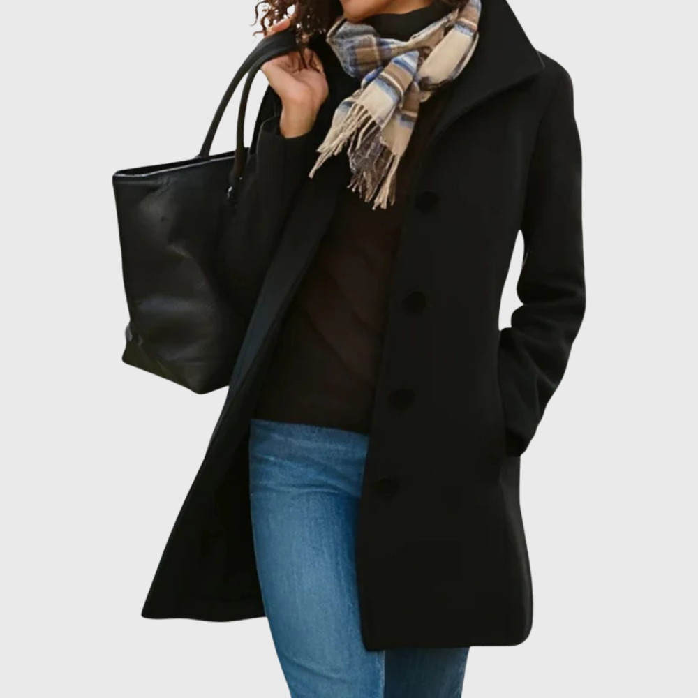 Sophisticated women's longline coat, structured with a button-front, offering elegant fall & winter style.