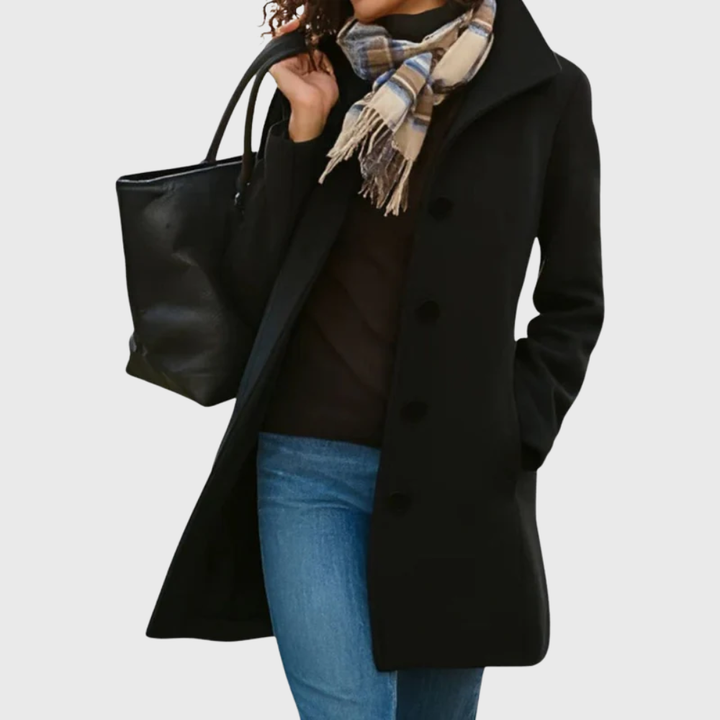 Sophisticated women's longline coat, structured with a button-front, offering elegant fall & winter style.