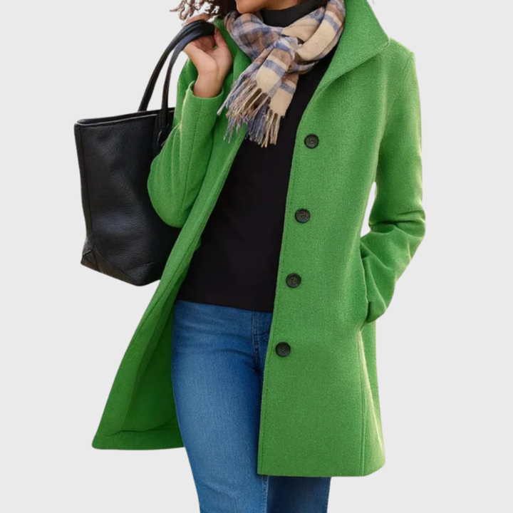 Chic women's longline button-front coat, a classic elegant jacket for fall & winter fashion.