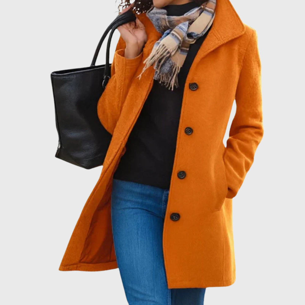 Beautiful women's elegant longline coat featuring a button-front, perfect for sophisticated fall & winter looks.
