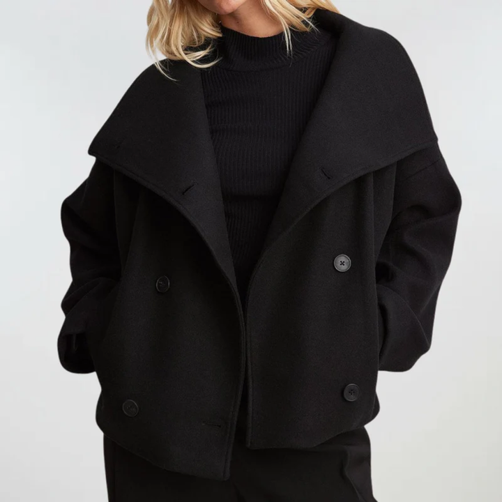 Chic Women's Cropped Double-Breasted Coat, an elegant choice for sophisticated style.