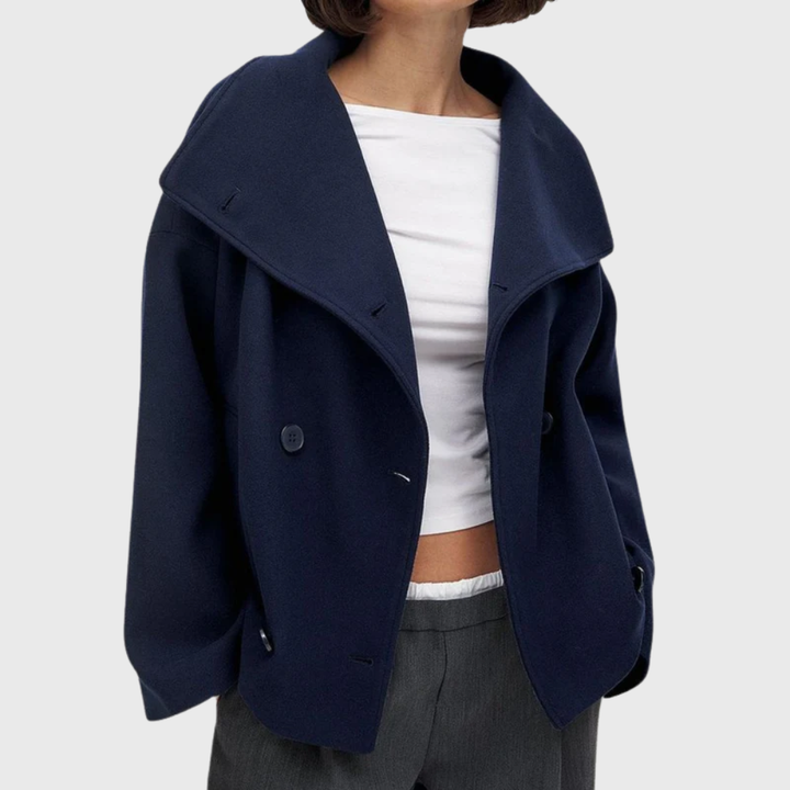 Women's short double-breasted coat, a chic and elegant piece of outerwear for any occasion.