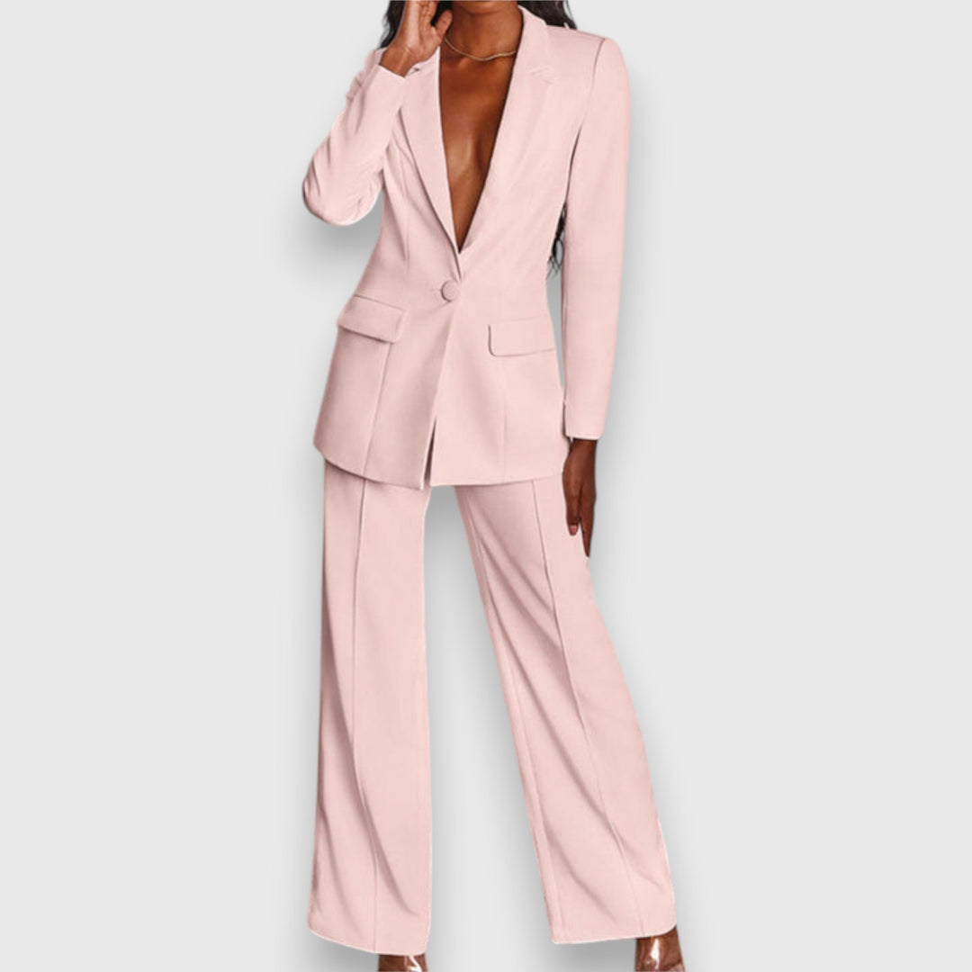 Professional women's two-piece blazer & trousers set. A chic and formal office wear outfit.