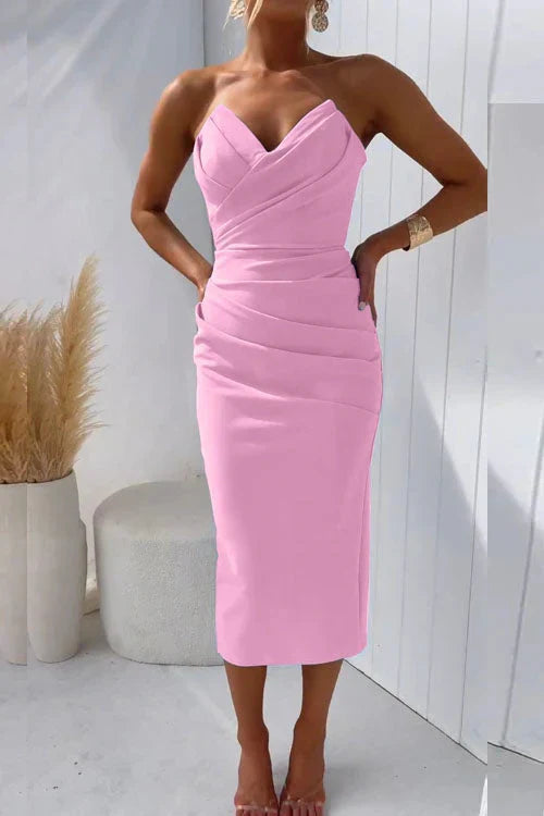 Elegant sleeveless party midi dress, designed for women seeking chic evening or wedding guest attire.