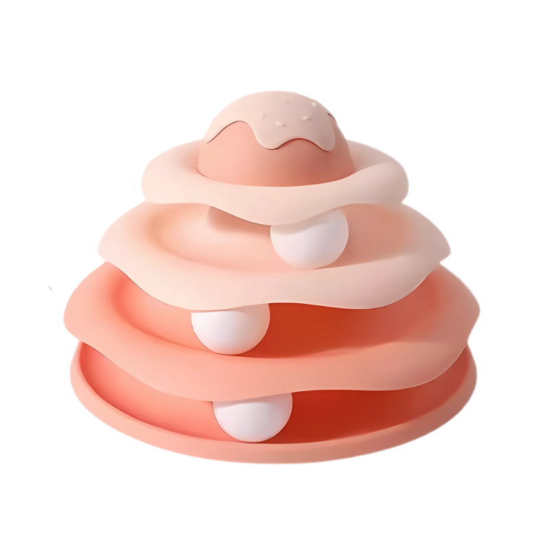 Multi-level PawTornado spinning track cat toy, perfect for interactive pet play.