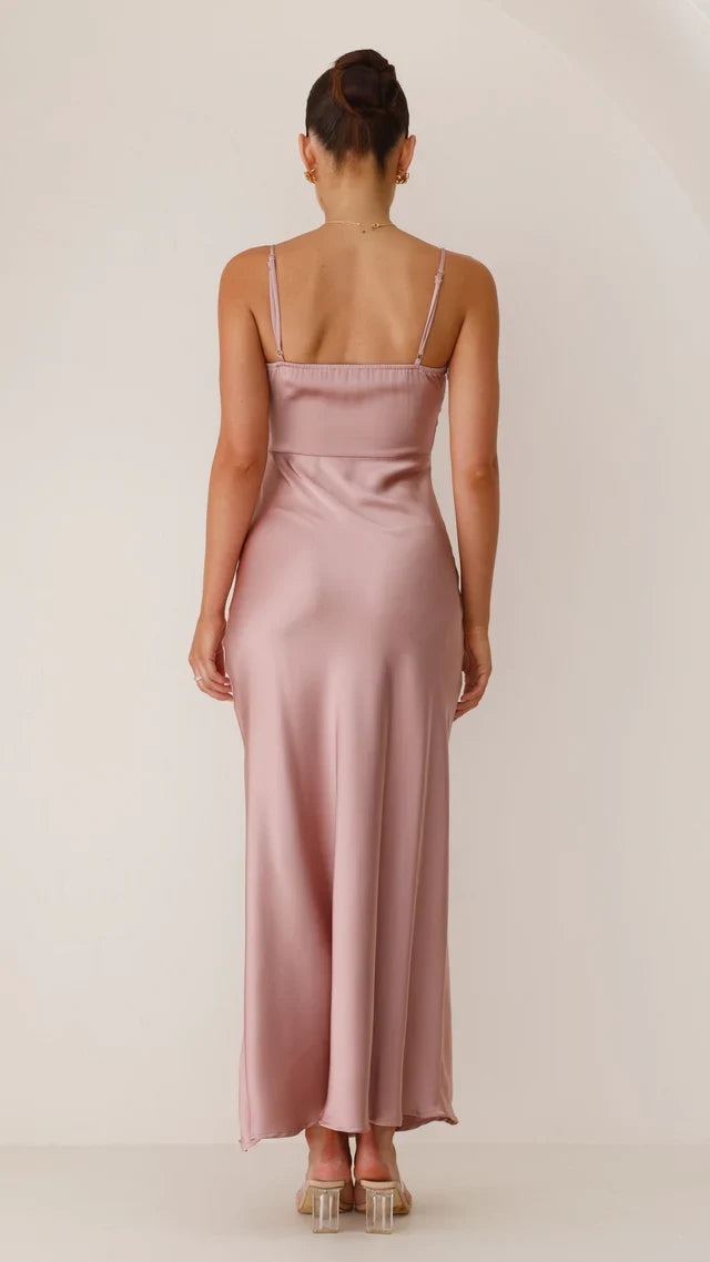 Elegant copper maxi dress for women with square neckline, adjustable straps & flattering leg split.