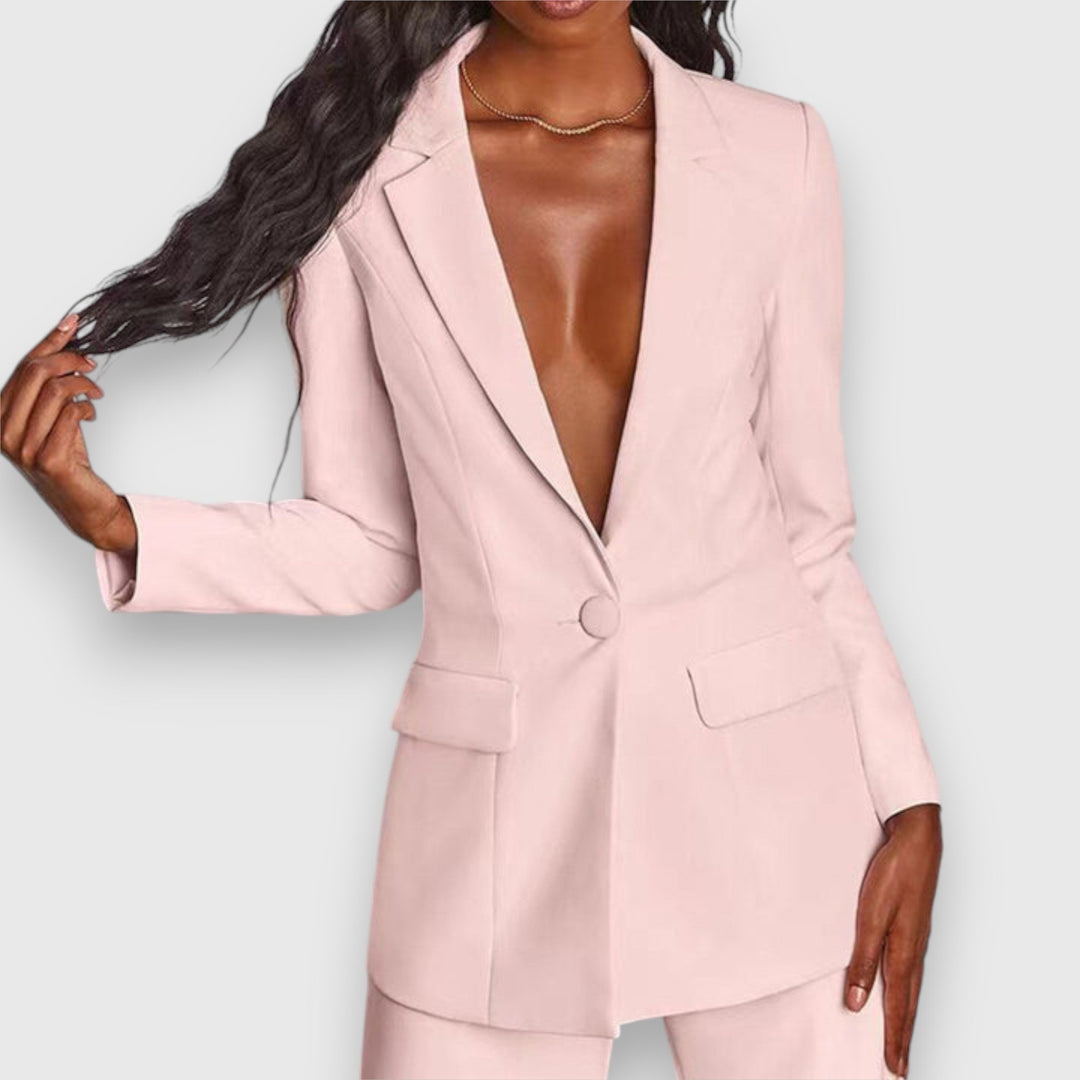 Chic women's formal two-piece set featuring a stylish blazer & tailored trousers.
