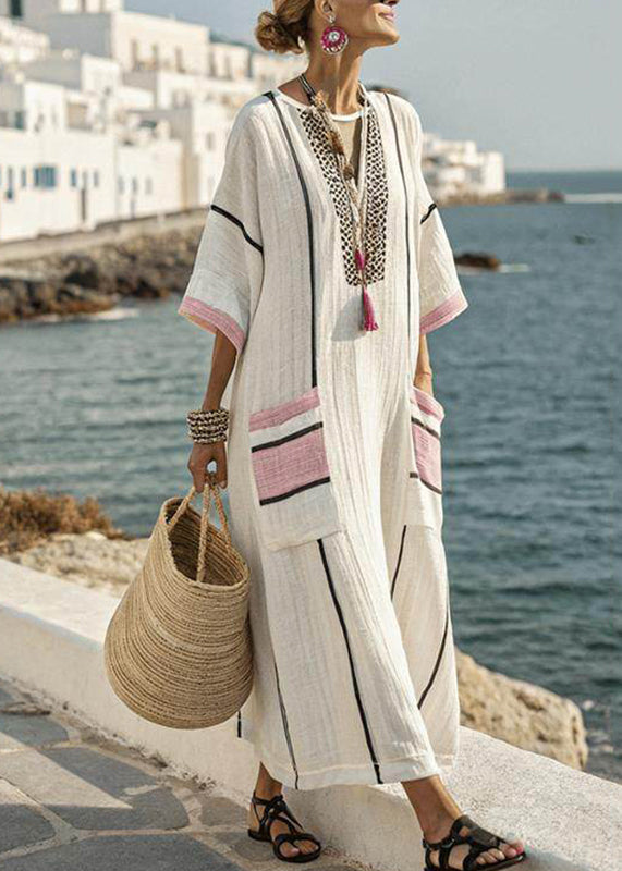 Women's plus size striped patchwork maxi dress, short sleeve, casual summer style, loose fit.
