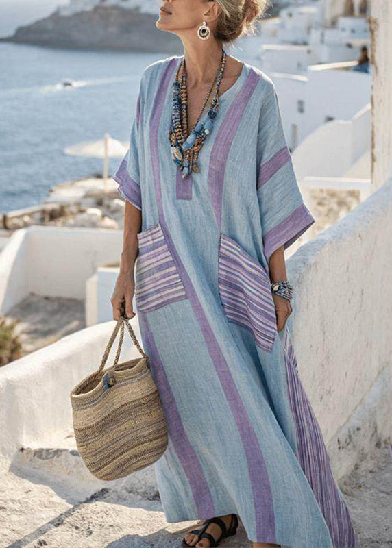 Casual plus size women's summer maxi dress with unique striped patchwork design, comfortable and loose.