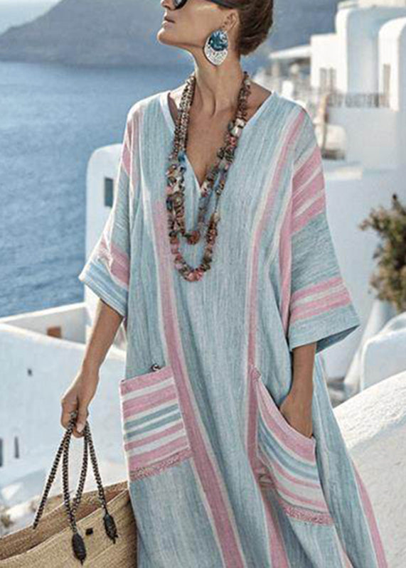 Women's plus size summer dress, striped patchwork maxi style, comfortable loose fit, perfect for casual days.
