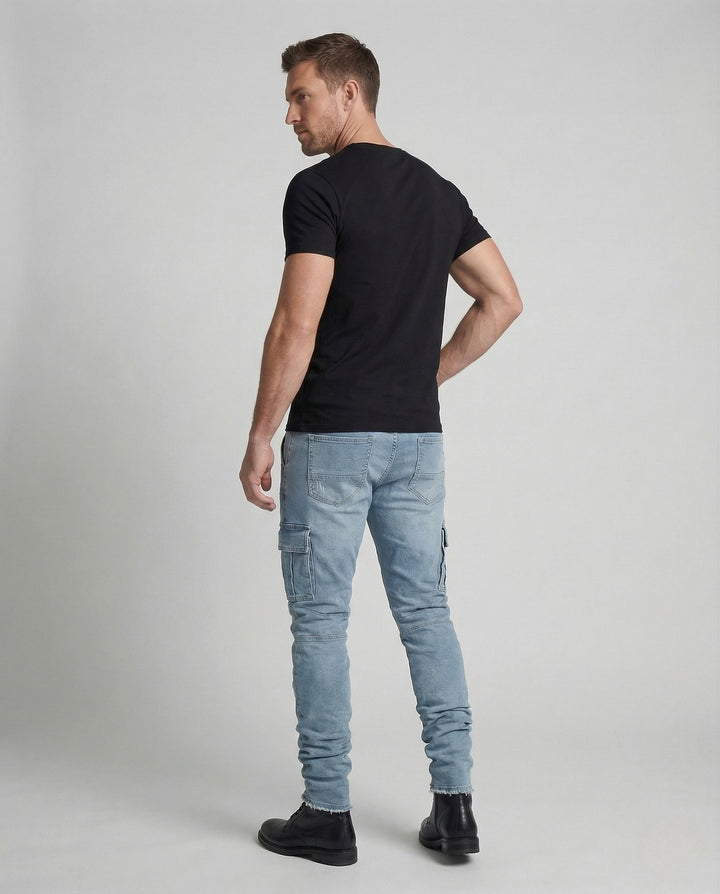 Trendy men's slim fit cargo jeans, ideal for modern menswear, offering comfort and street wear appeal.