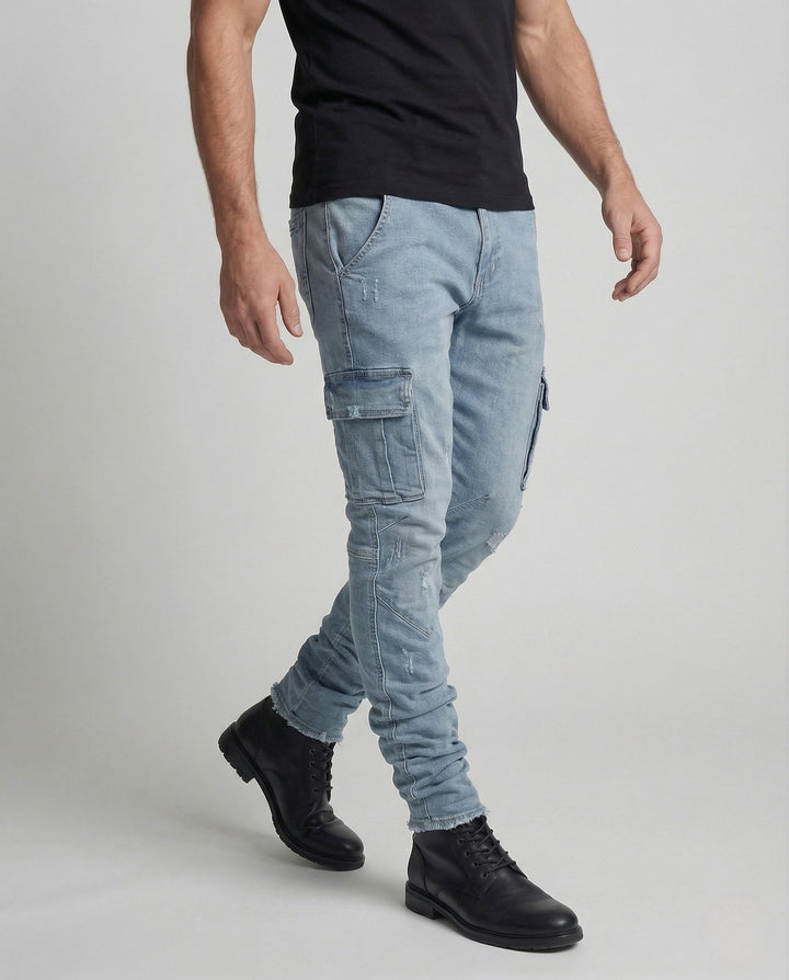 Modern men's slim fit utility jeans, featuring functional cargo pockets for versatile everyday wear.