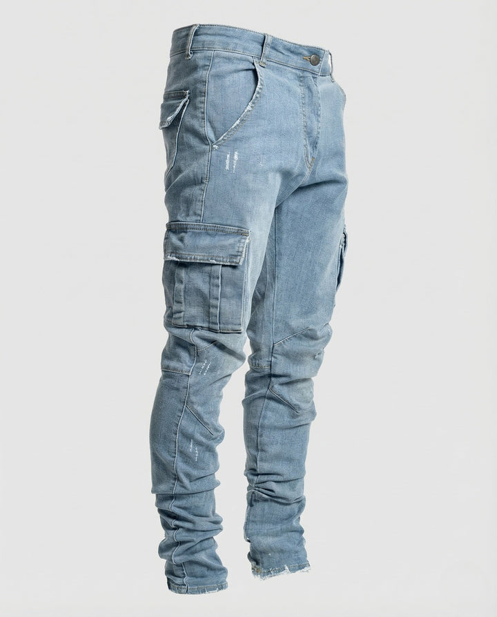 Versatile men's slim fit jeans with distinctive sewn cargo pockets, suitable for casual and urban fashion.