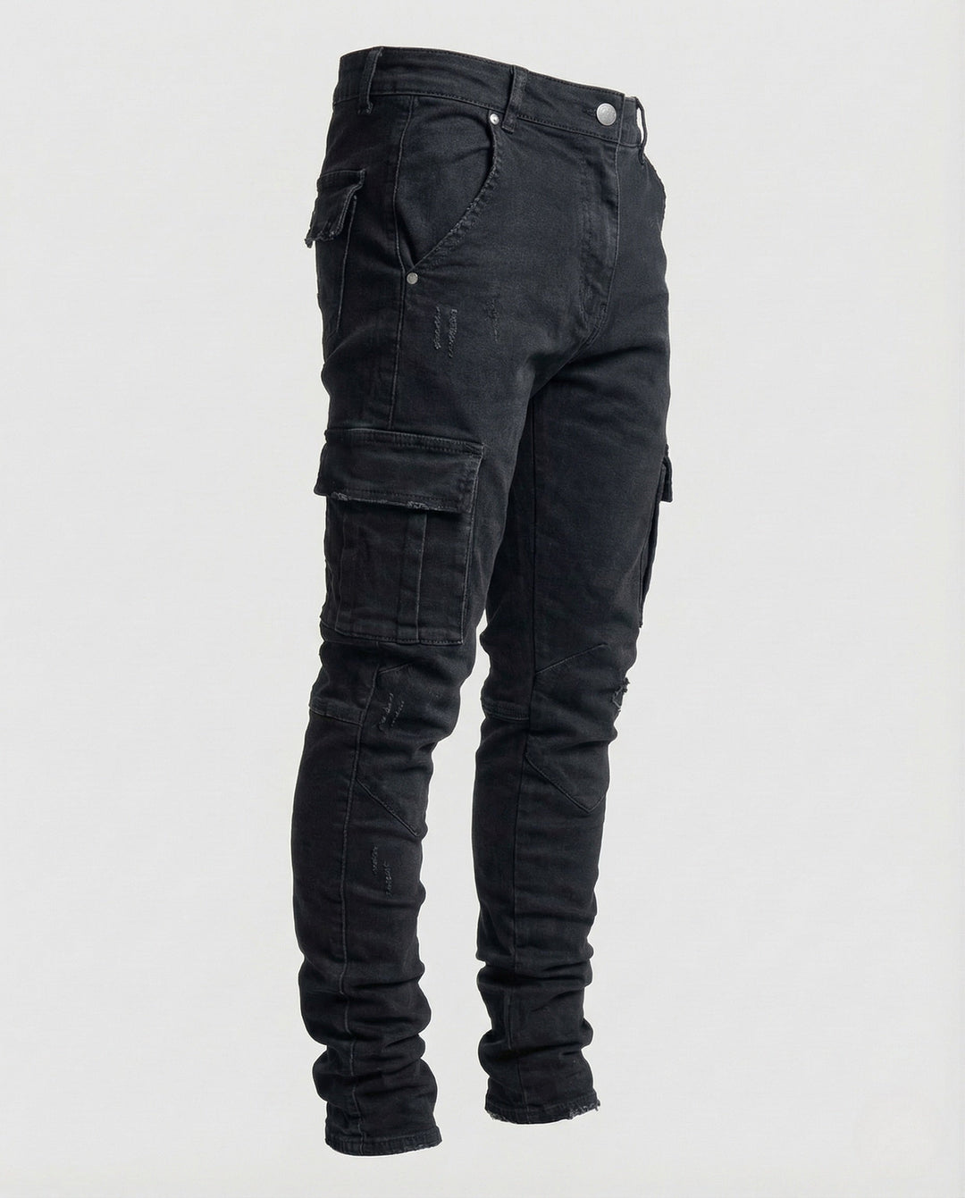 Men's slim fit cargo jeans, featuring stylish sewn pockets, ideal for modern urban street wear fashion.