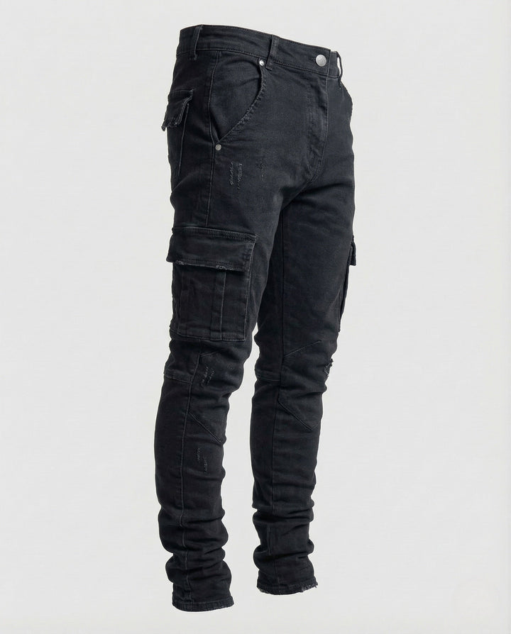Men's slim fit cargo jeans, featuring stylish sewn pockets, ideal for modern urban street wear fashion.