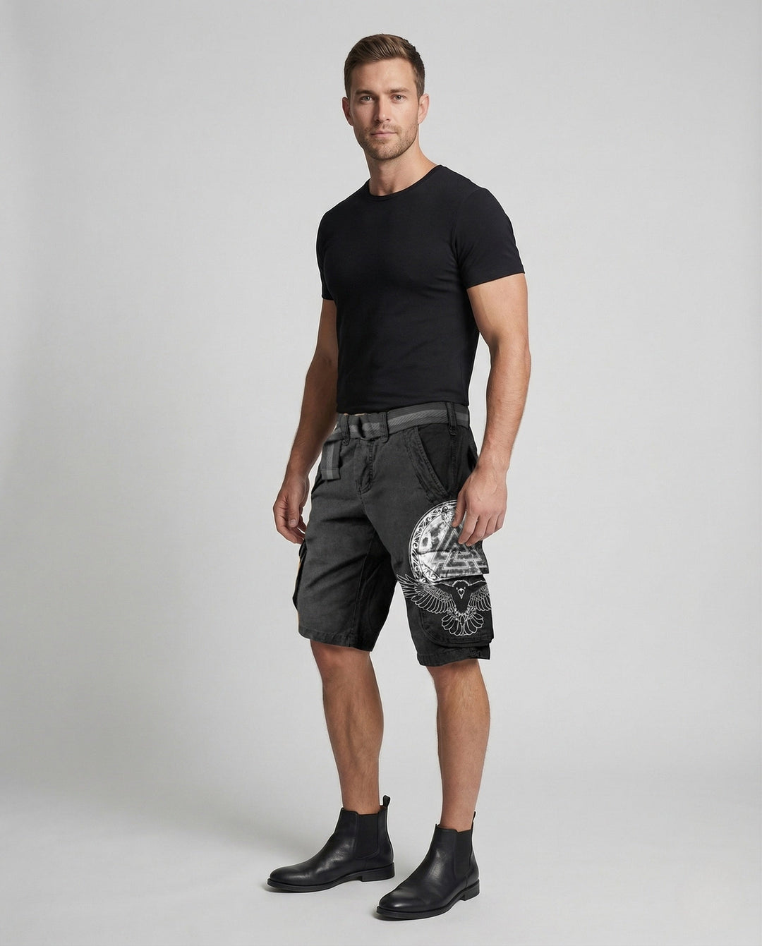 Khaki men's multi-pocket cargo shorts, comfort fit for hiking, travel & urban casual fashion.