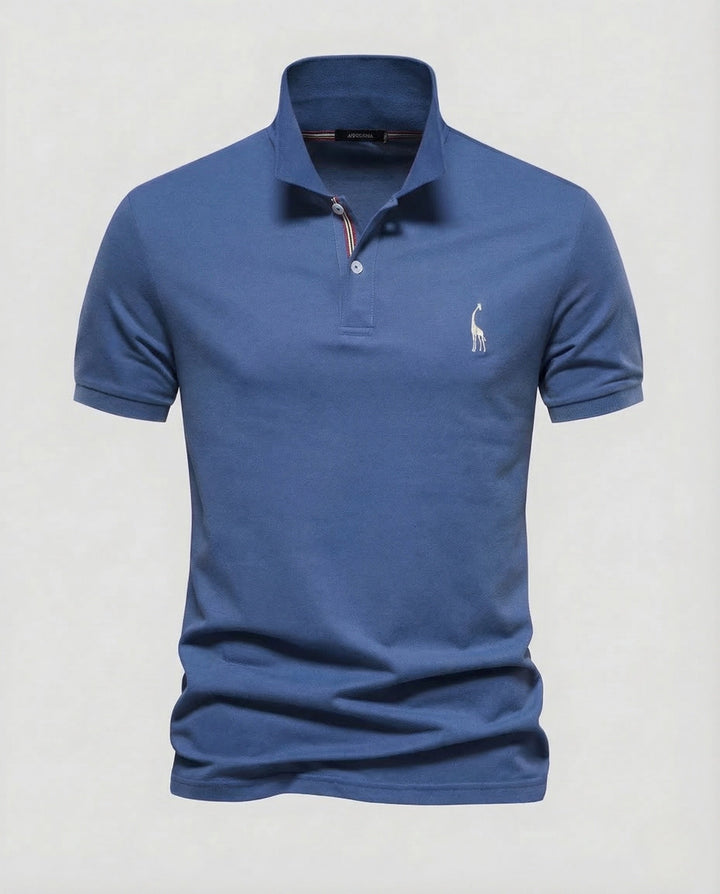 Men's classic short sleeve polo shirt in grey, showcasing a comfortable, slim fit for smart casual elegance.