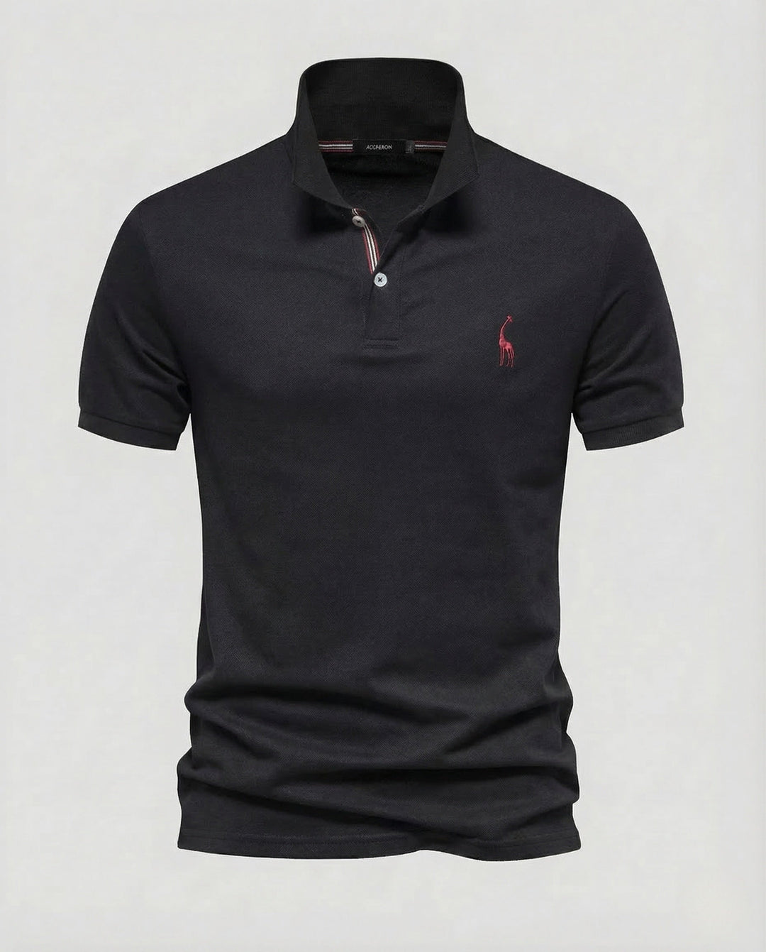 Men's classic short sleeve polo shirt with three-button placket and embroidered chest emblem. Smart casual top.