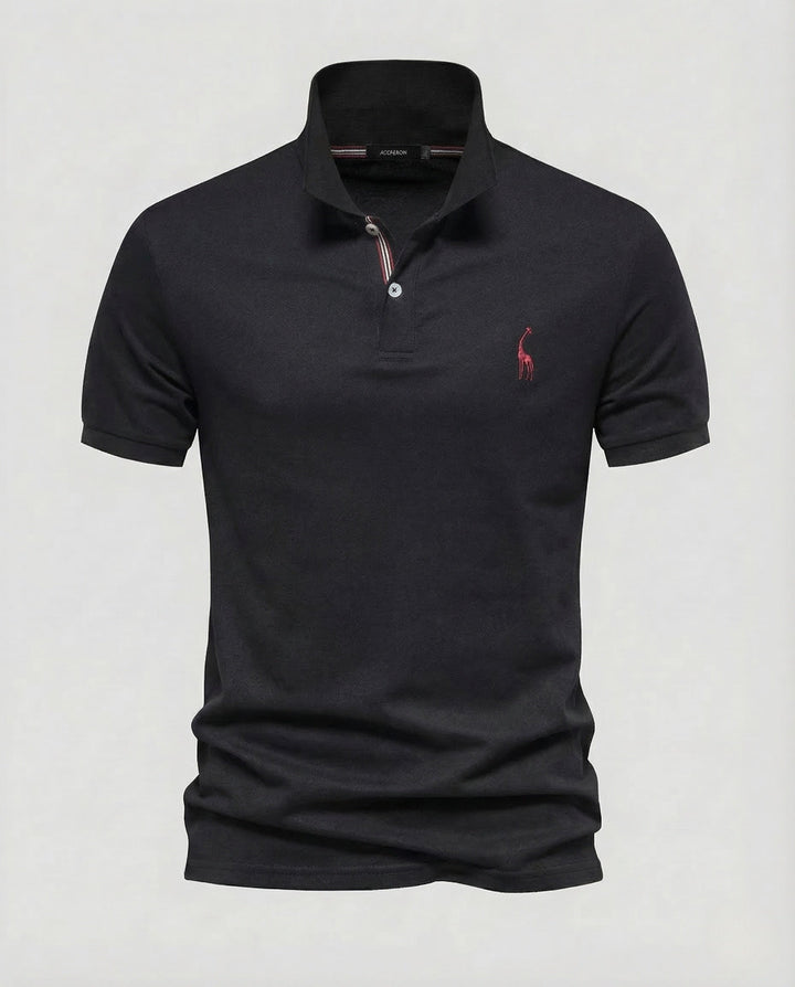 Men's classic short sleeve polo shirt with three-button placket and embroidered chest emblem. Smart casual top.