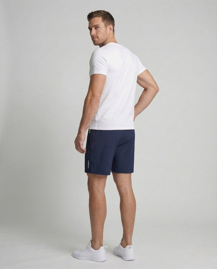 Stylish men's athletic shorts: breathable fabric, elastic waist, and practical zipper pocket for sports.