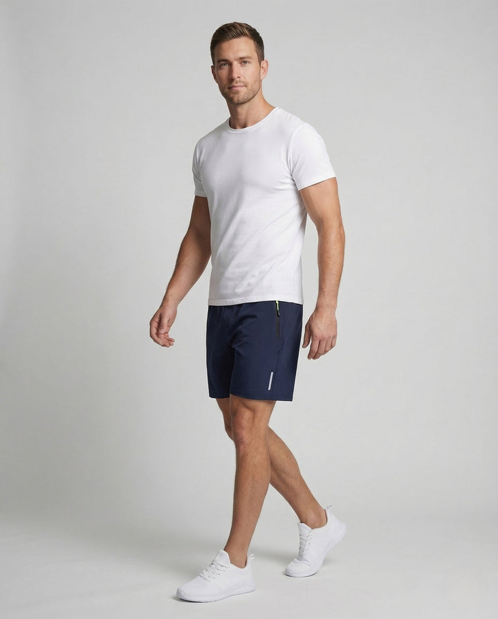Men's breathable training shorts with zipper pocket for gym, running, and active workouts.