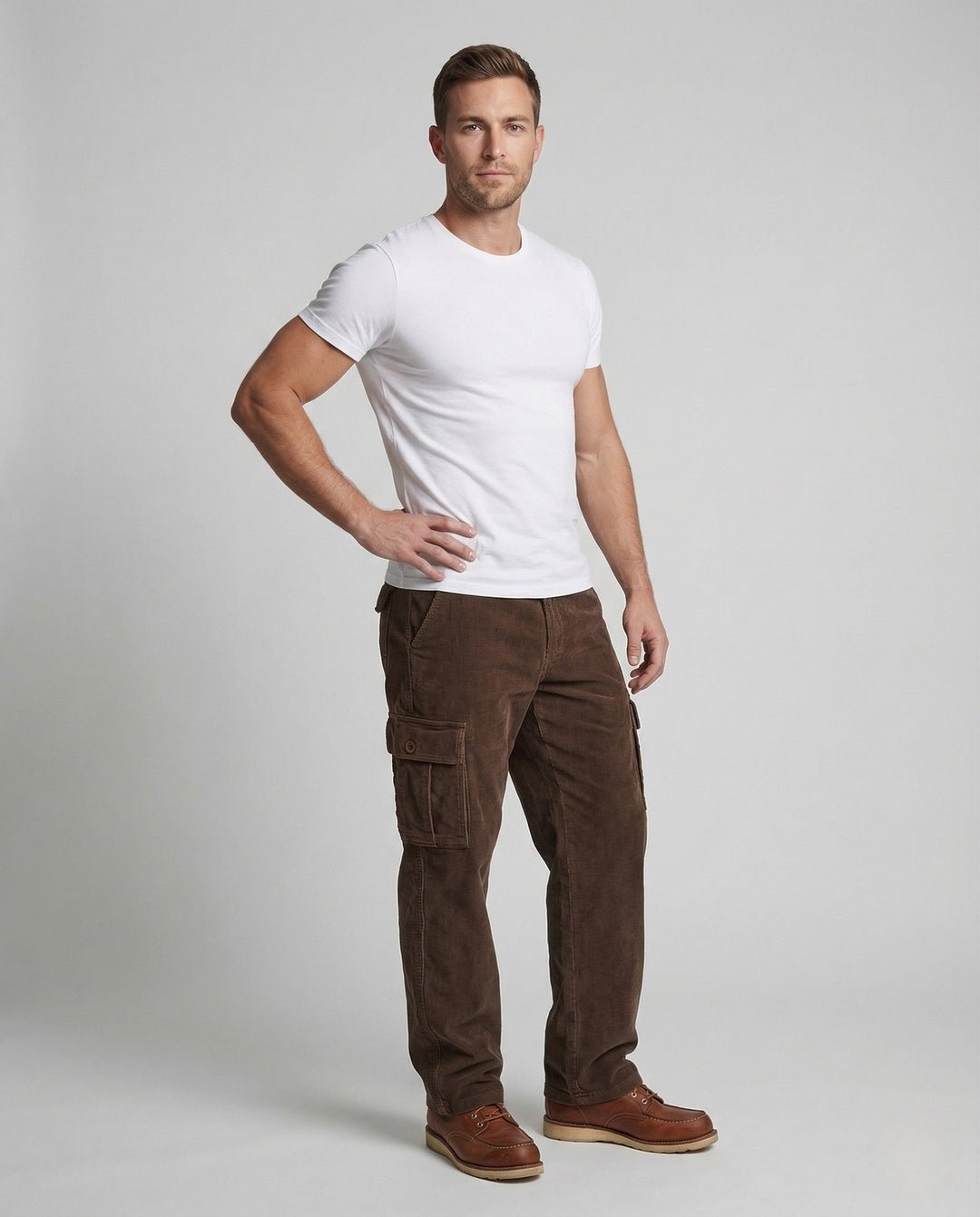 Men's loose fit cargo pants in a neutral color, featuring multiple utility pockets, ideal for casual wear & outdoors.