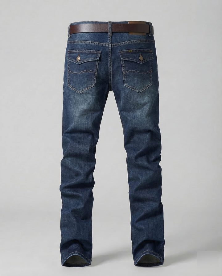 Back view of men's modern slim fit stretch jeans, highlighting cut, comfort, and urban fashion.