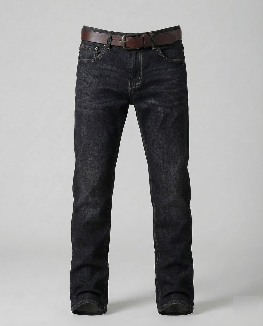 Close-up of the flexible stretch denim fabric on men's everyday slim fit comfort jeans.