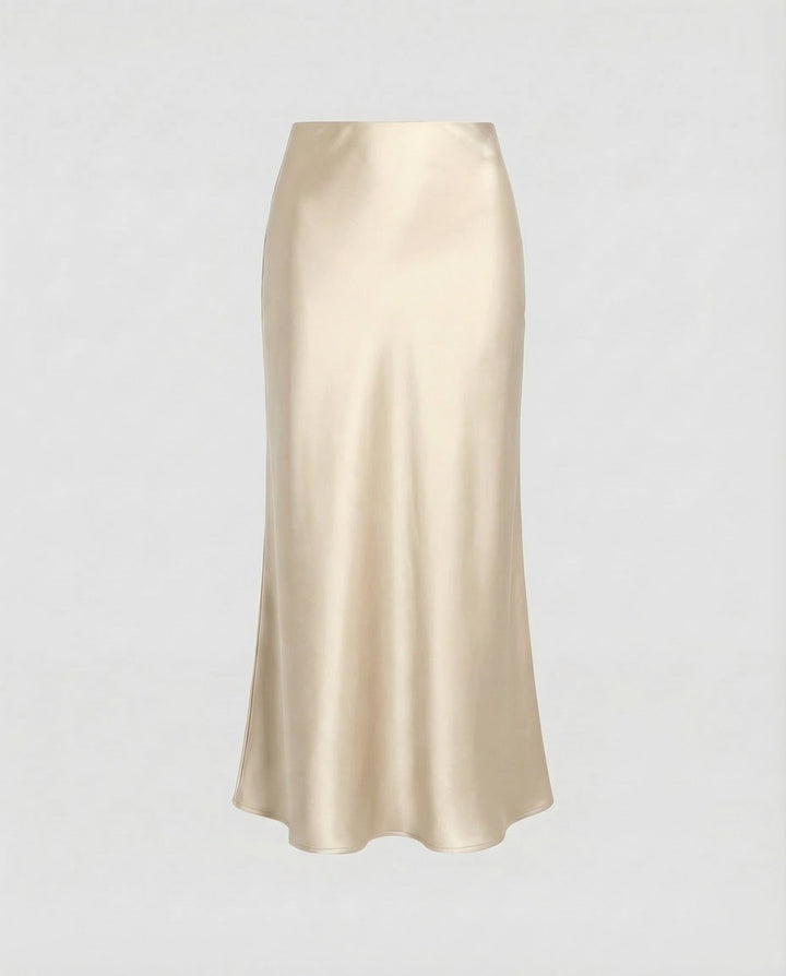 Elegant white flowy midi skirt, a versatile high-waist bottom for women's spring/summer casual chic.