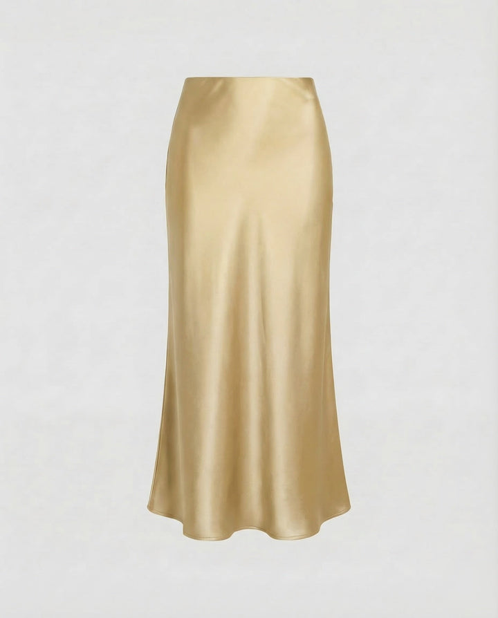 Chic green flowy midi skirt, a high-waist women's bottom offering elegant style for any occasion.