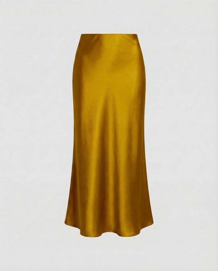 Pink flowy high-waist midi skirt for women, enhancing elegant spring and summer fashion.