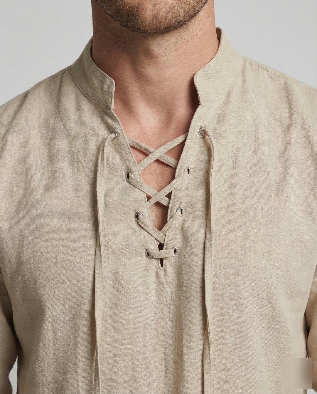 Casual men's summer shirt featuring a unique laced collar and relaxed fit, ideal for resort wear.