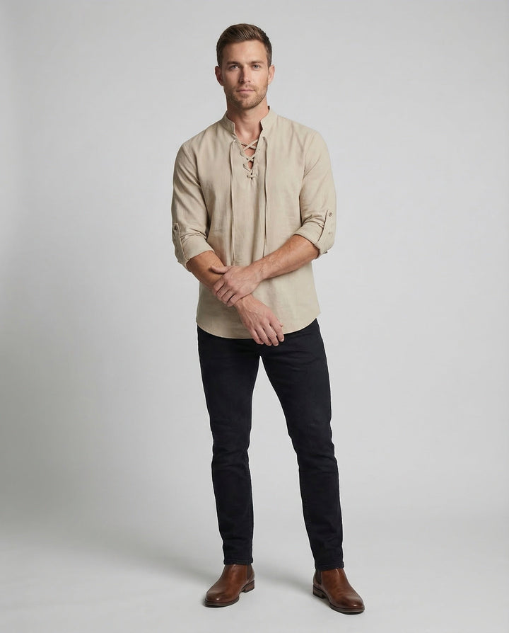 Men's relaxed fit casual shirt with laced collar, perfect for summer beachwear.