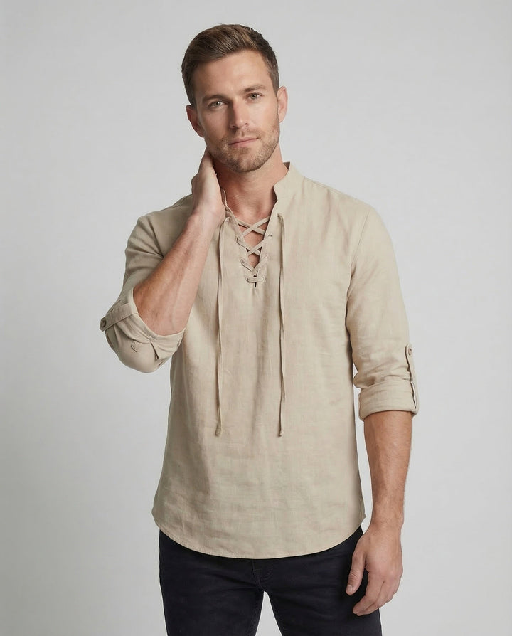 Bohemian men's long sleeve shirt with laced collar for a stylish summer vacation look.
