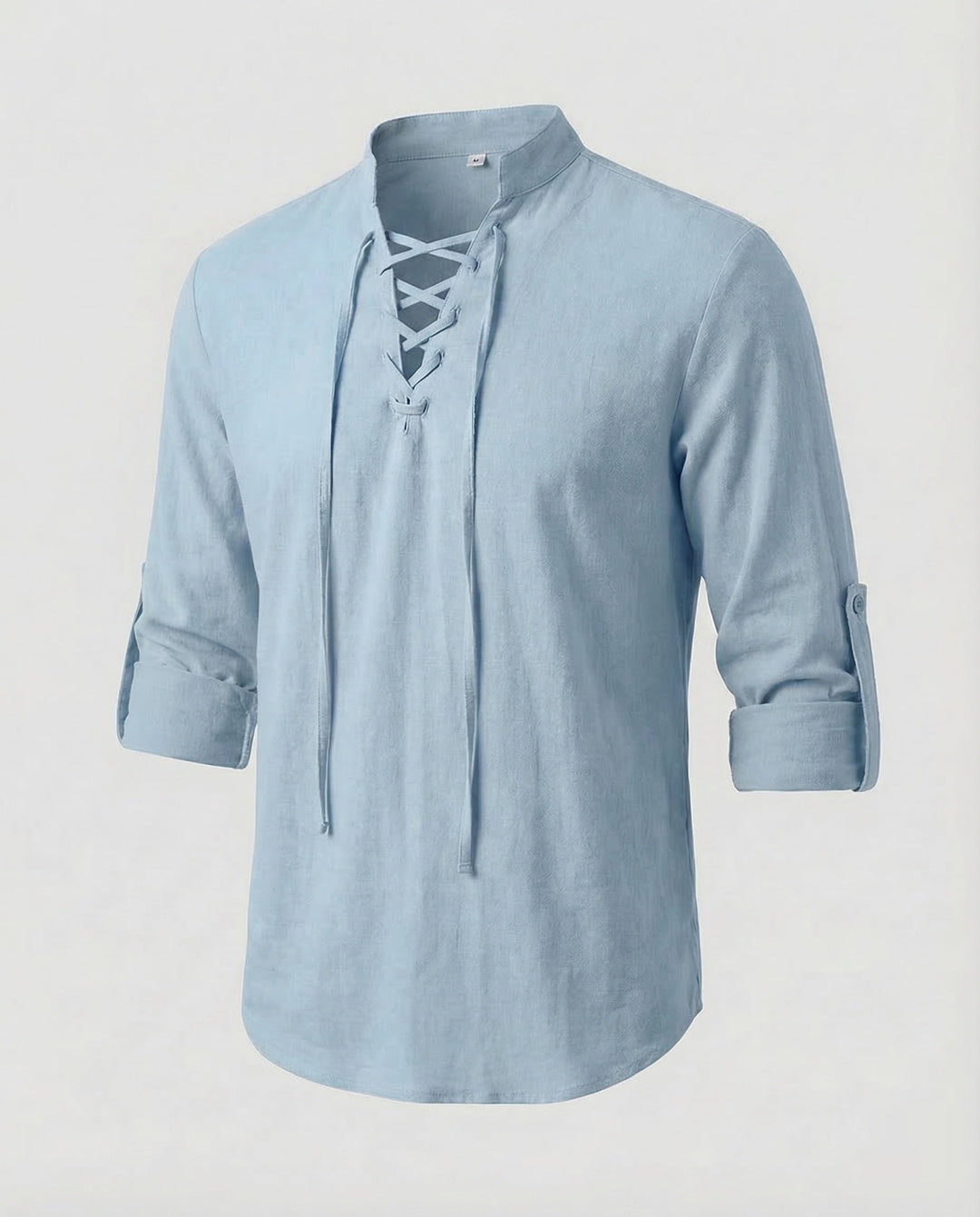 Boho-chic men's casual shirt featuring a laced collar, ideal for summer, beach, or resort.