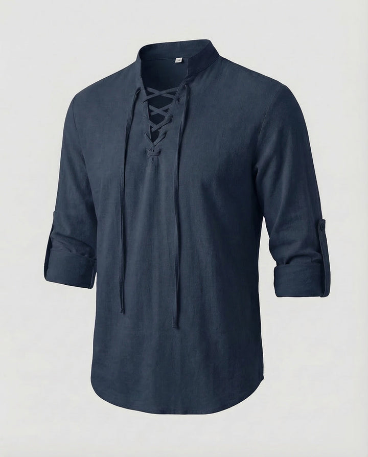 Fashionable men's summer shirt with a unique laced collar and convertible roll-up sleeves.