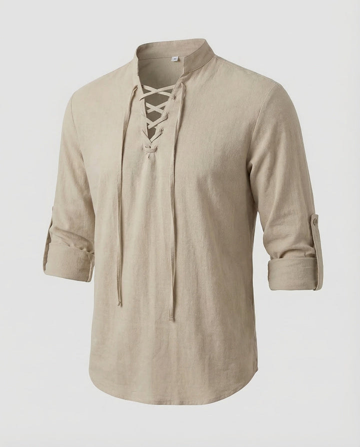 Stylish men's casual shirt with a bohemian laced collar, great for summer fashion and beach.