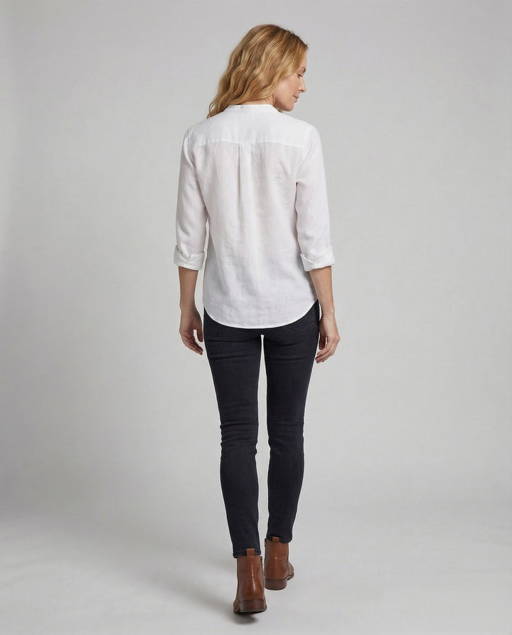 Women's long sleeve stand collar blouse. Relaxed fit, button-up design with a practical chest pocket for everyday wear.