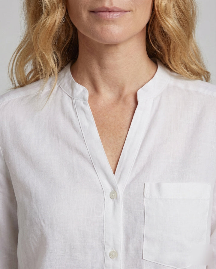 Spring/Summer women's stand collar shirt. Relaxed fit long sleeve button-up with chest pocket, great for office or casual.
