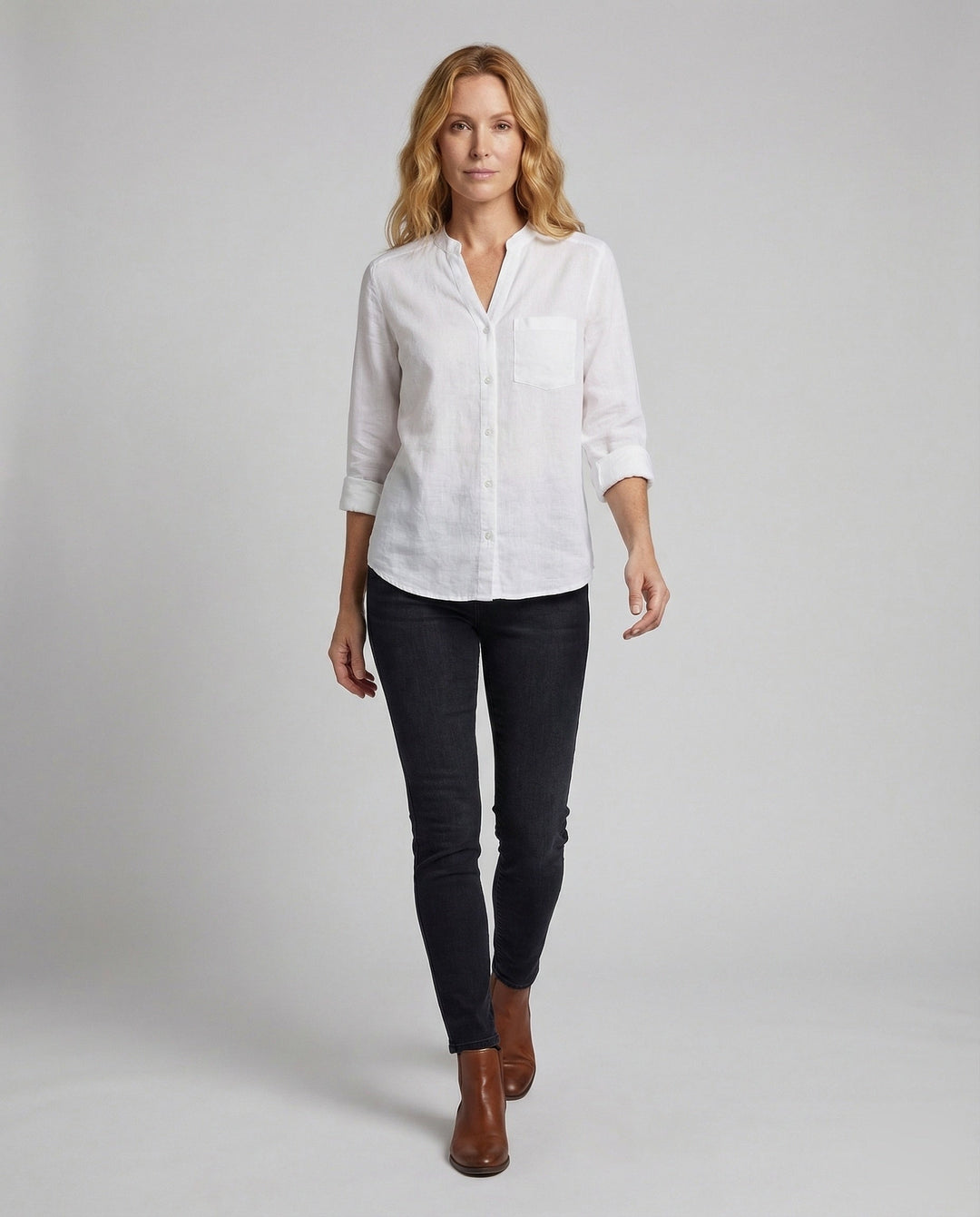 Women's relaxed fit stand collar shirt with chest pocket. Versatile long sleeve button-up for casual & office.