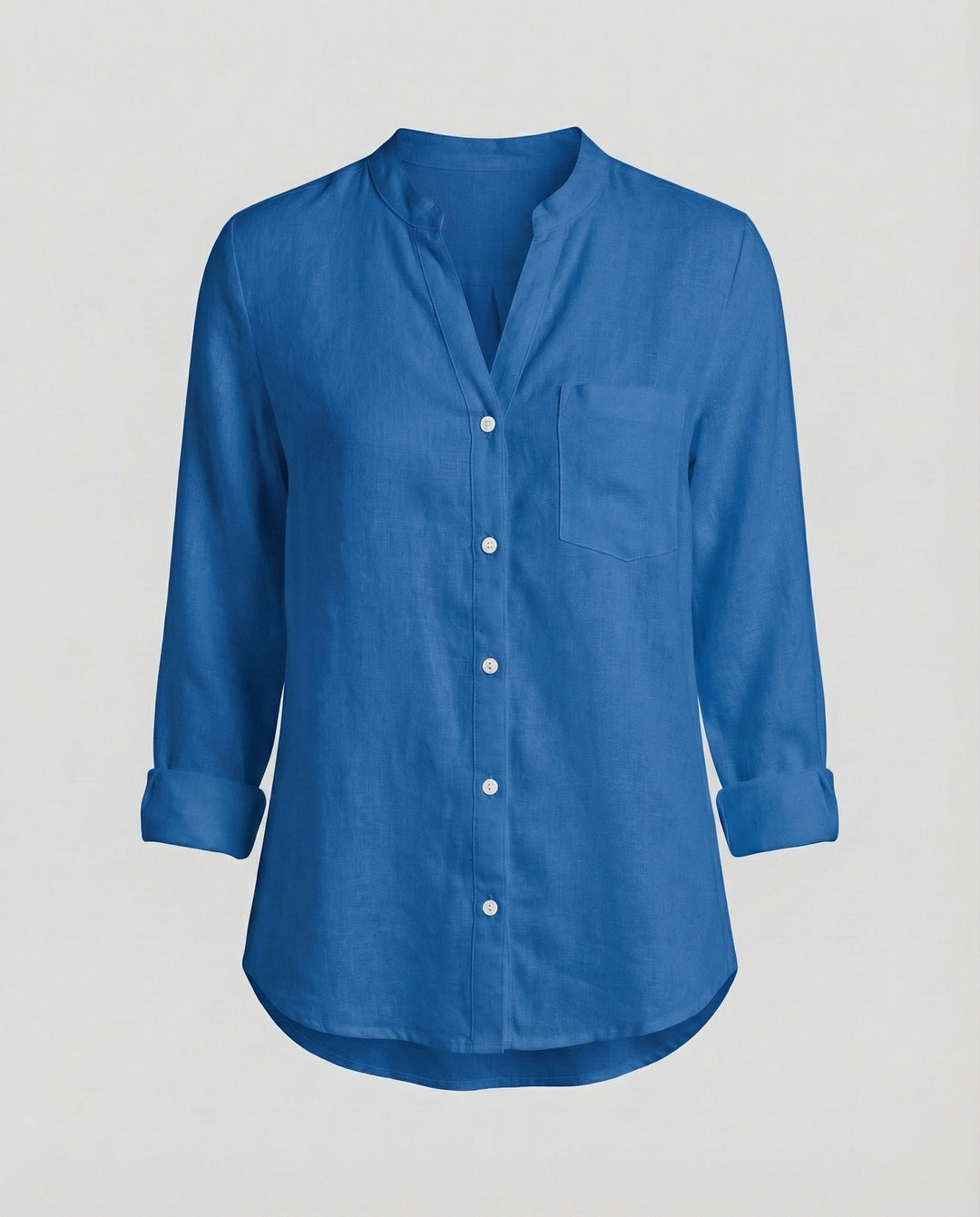 Women's casual relaxed fit shirt. Stand collar, long sleeve button-up blouse with chest pocket, suitable for spring fashion.