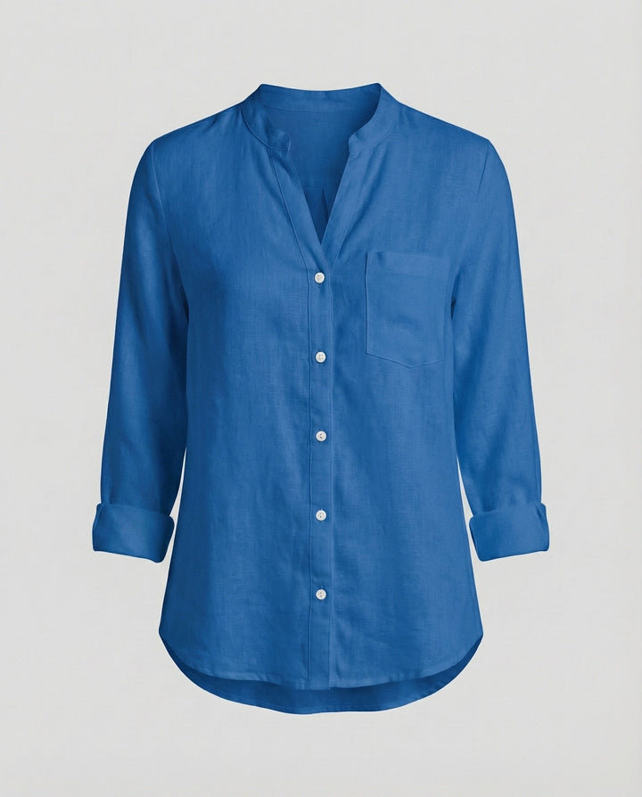 Women's casual relaxed fit shirt. Stand collar, long sleeve button-up blouse with chest pocket, suitable for spring fashion.