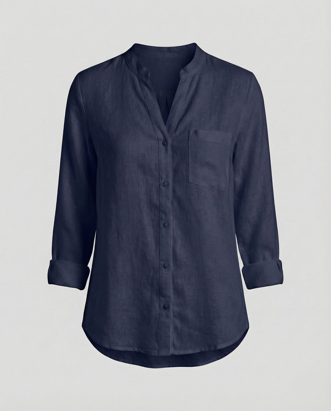 Everyday women's relaxed fit shirt. Stand collar, long sleeve button-up with chest pocket, a versatile top for casual style.