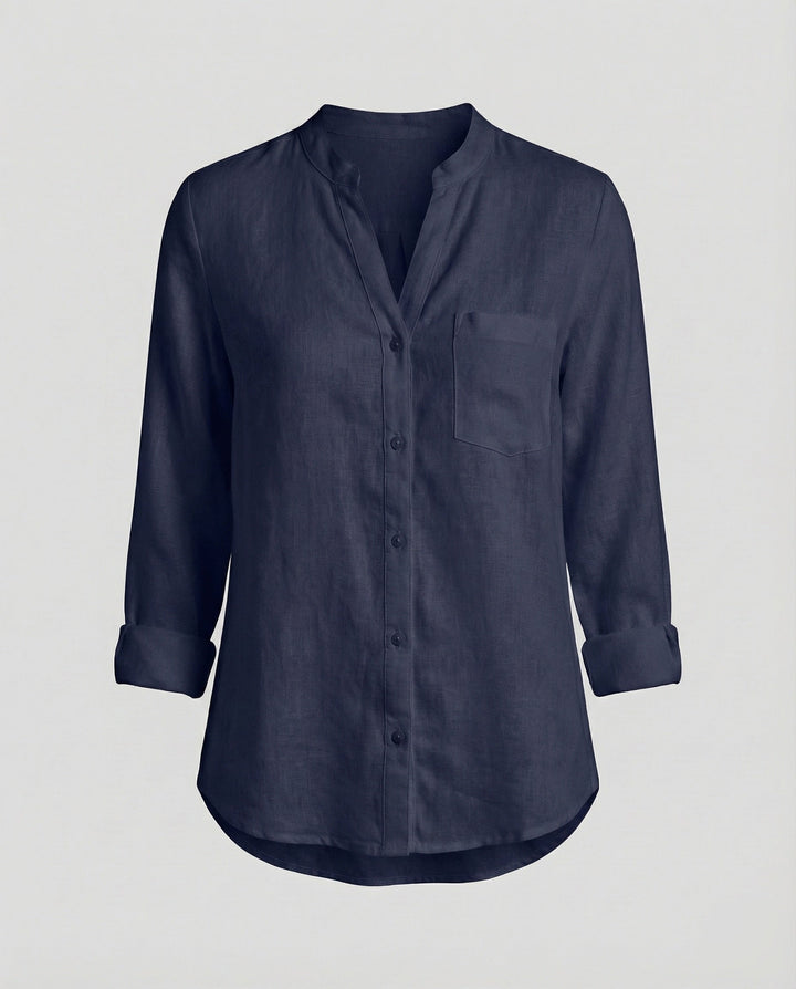 Everyday women's relaxed fit shirt. Stand collar, long sleeve button-up with chest pocket, a versatile top for casual style.