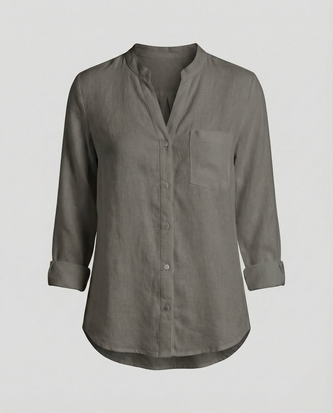 Stylish women's relaxed fit stand collar shirt. Long sleeve button-up with chest pocket, perfect as a versatile office blouse.