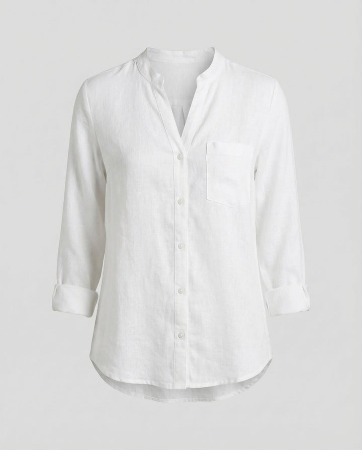 Versatile women's relaxed fit shirt. Stand collar, long sleeves & chest pocket make it ideal for casual or office style.