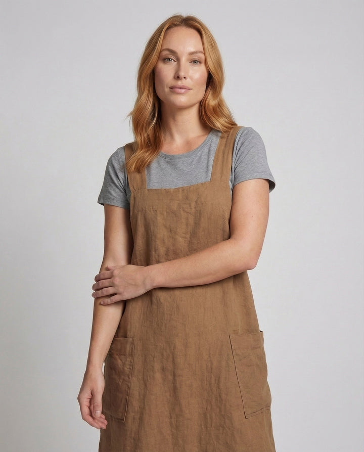 Loose fit A-line overall dress for women, featuring a stylish square neckline and functional side pockets.